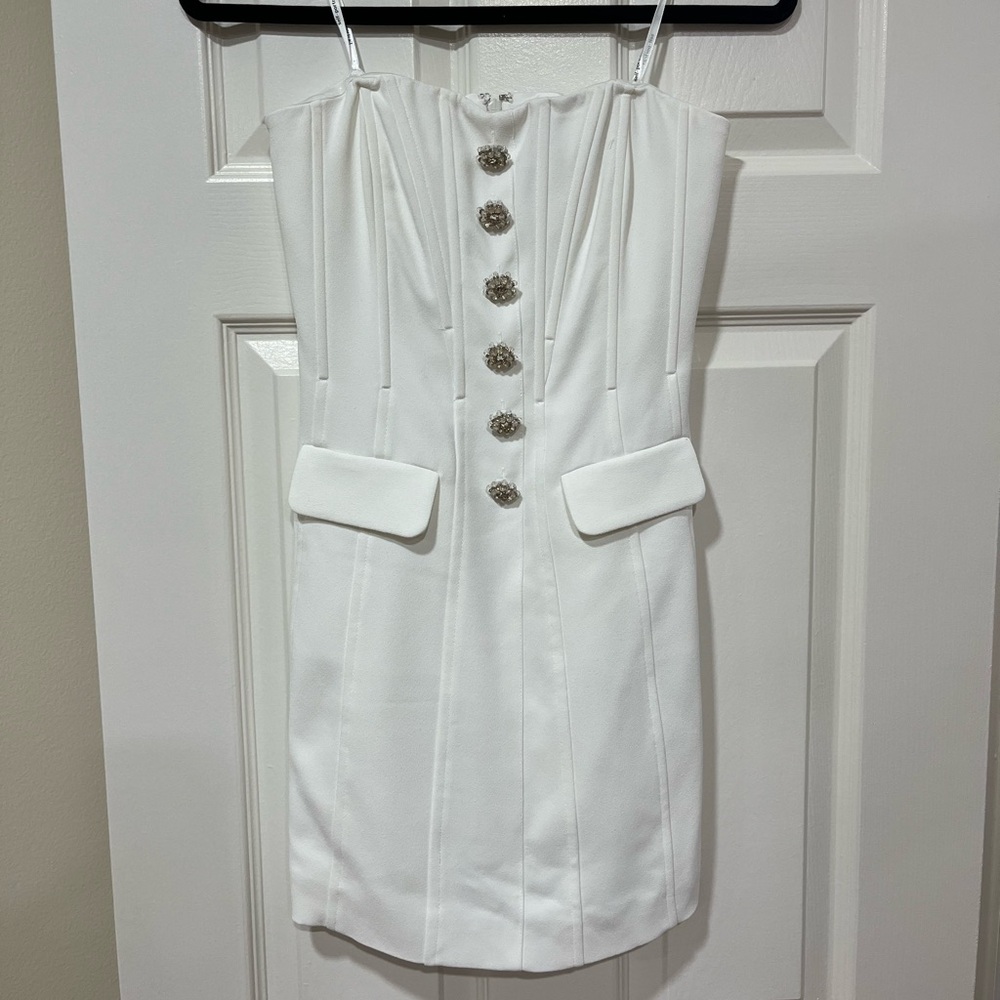 Self-Portrait White Bandeau Crepe Mini Dress